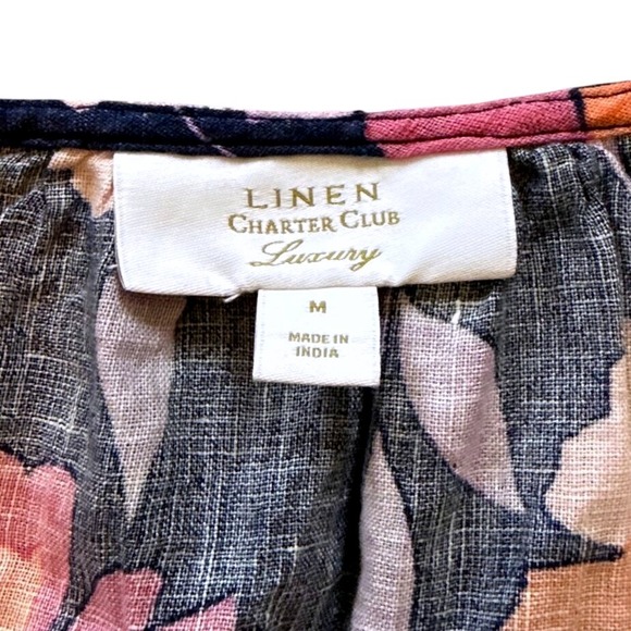 Charter Club Linen Floral‎ Print Button Front Tie Waist Short Sleeve Blouse M - Picture 2 of 7